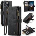 thumbnail image 1 of CaseMe Wallet Case Premium Handmade PU Leather Phone Case Card Slots Magnetic Closure Zipper Pocket Kickstand Flip Case with Hand Strap for iPhone 14 Pro (Black), 1 of 9