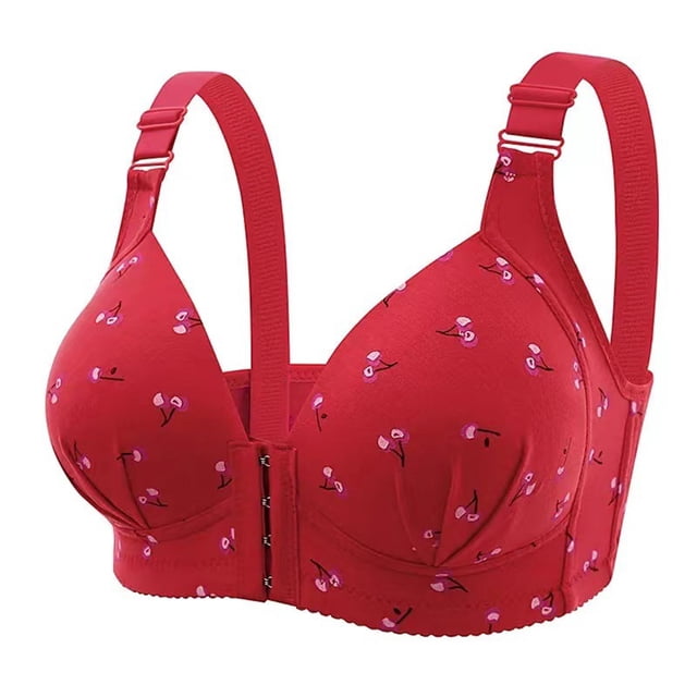GDREDA Classic Style Bra New Front Closure Plus Size Bra With Gathering Effect No Underwire Side Support Full Coverage For Plus Size Women's Underwear Red,38