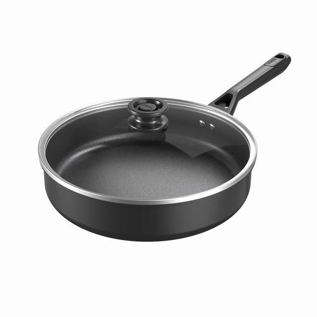 Ninja Neverstick™ Select 3-QT (2.8 L) sauté pan with black nonstick interior, polished black exterior, heat-resistant resin handle, and clear glass lid with knob, compatible with all stovetops and oven safe to 350°F, ideal for sautéing and simmering.