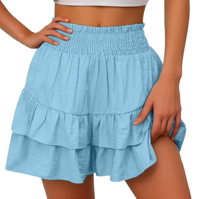 Timegard Wide Leg Shorts for Women Elastic Waisted Smocked Ruffle Bottom Flowy Lounge Shorts Beach Wear
