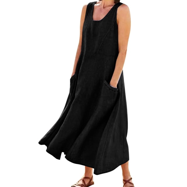 JIRNDf Robes Maxi d'Été pour Femmes Tendance Couleur Unie Col Rond Poches Longues Robes d'Été Quotidiennes pour Femmes Robe Boho Noire TTG