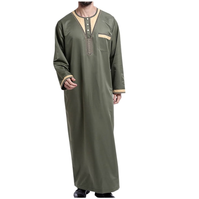 Men's Muslim Robe Retro Islamic Arab Kaftans for Men Eid Muslim Thobe Dubai Ramadan Daily Clothes, Muslim Shirt Robe with Pockets