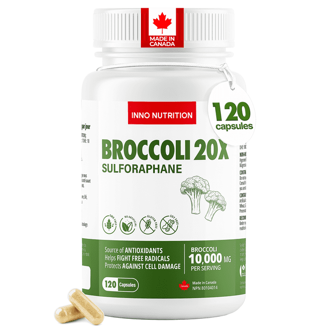 Inno Nutrition Broccoli Extract 10,000mg (20:1 Concentrate) - 120 Capsules bottle with a white and green label. The label highlights sulforaphane-rich antioxidant support, 10,000mg broccoli power per serving, and a 4-month supply. The product is non-GMO, gluten-free, vegan, and made in Canada under GMP standards. Two beige capsules are displayed in the foreground.