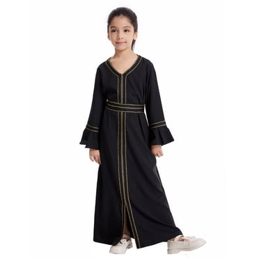 Sunnyoo Big Girls Long Sleeve V-Neck Kaftan Maxi Dress Abaya Robe