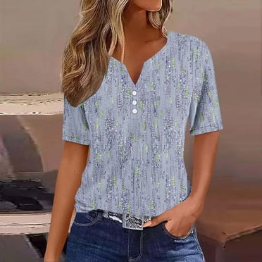Womens Fashion Printed Short Sleeves Blouse Round Neck Casual Tops