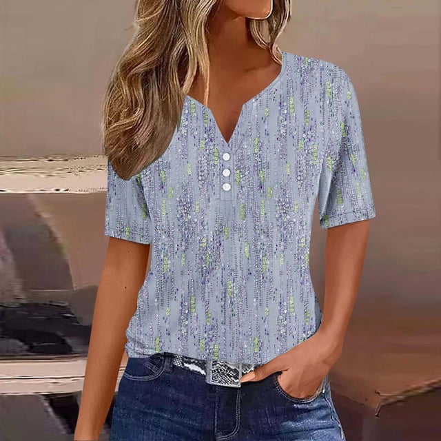 Blouse à Manches Courtes Imprimée pour Femmes, Col Rond, Hauts Décontractés