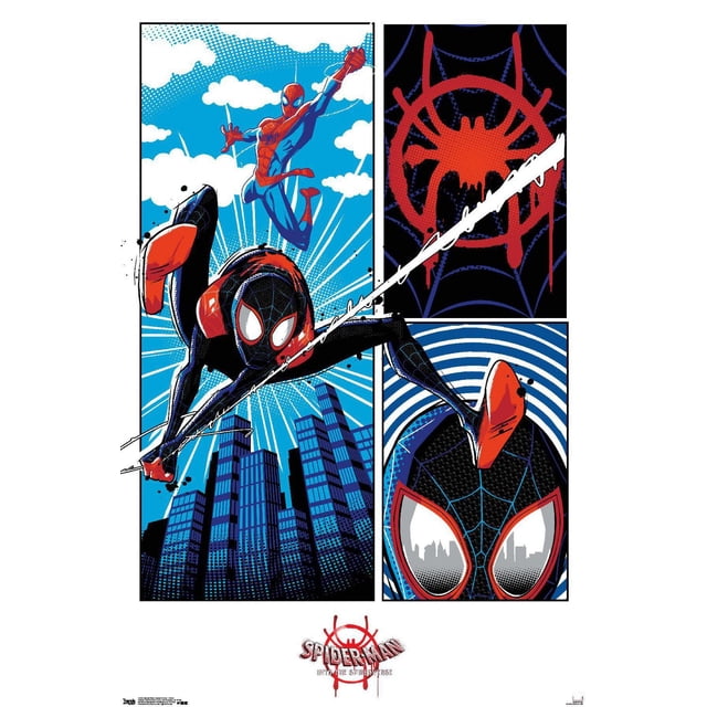 Marvel Spider-Man : Into The Spider-Verse - Affiche Murale à Panneaux, 22,375 Po x 34 Po Présentant des Panneaux de Style Bande Dessinée de Morales de Miles dans une Combinaison Spider-Man Noire et Rouge Se Balançant sur une Ligne d'Horizon de Ville Bleue avec des Nuages Blancs. Comprend un Emblème d'Araignée Rouge sur un Fond de Toile Noire et un Gros Plan du Masque de Miles Réfléchissant des Bâtiments de la Ville. Imprimée sur Papier Lustré pour une Déco Murale Vibrante, Convient aux Chambres