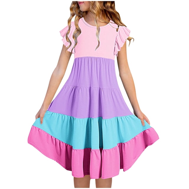 Plebaso Robes d'Été Décontractées pour Bébés Filles à Manches Volantées, Col Rond, Couleur Unie, Robe à Volants, Vêtements de Mode pour Filles