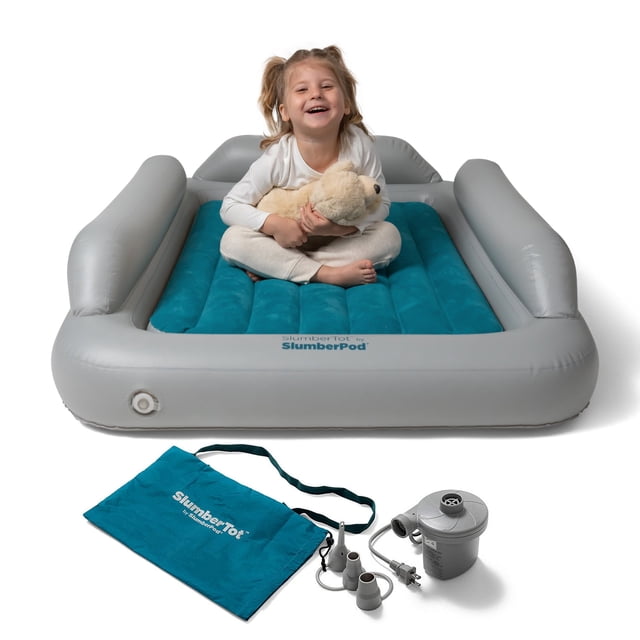 SlumberPod SlumberTot Inflatable Toddler Travel Mattress in grey with integrated side rails, a soft-touch sleep surface, and a sleeping area of 28” wide by 47” long. Includes an electric air pump for quick inflation in under two minutes and a teal shoulder bag for storage and travel. Perfect for kids' sleepovers, vacations, and compatible with the SlumberPod (sold separately).