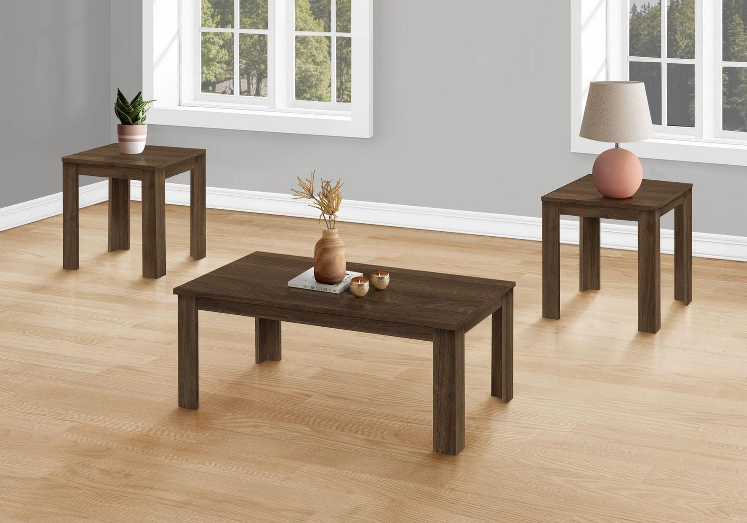 Monarch Specialties Ensemble De Table, Ensemble 3pcs, Café, Bout, Côté, Accent, Salon, Stratifié, Noyer, Transitionnel