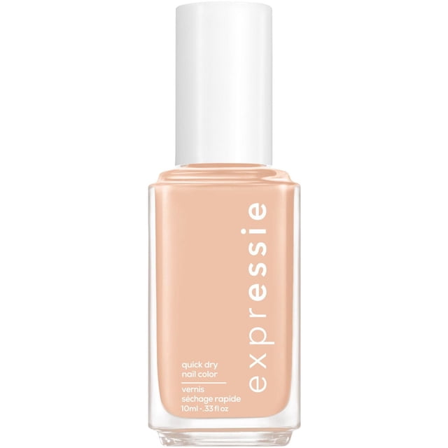 essie expessie quick-dry nail polish in nude beige with a white cap, quick drying formula in a 10ml clear glass bottle, featuring a patented angled brush for easy application, suitable for fast nail care on the go.