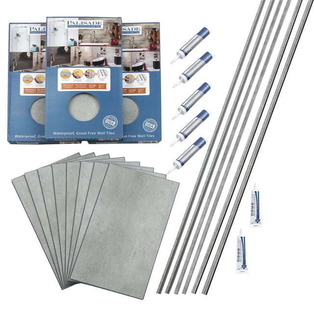 Palisade 25.6 in. x 14.8 in. Tile Shower and Tub Surround Kit in Frost Nickel. The kit includes 32 interlocking waterproof wall tiles with a frost nickel finish, each measuring 25.6 inches by 14.8 inches and 5 mm thick. Also included are two 94-inch inside trims, two 94-inch J-trims, two 94-inch L-trims, five tubes of adhesive, and two tubes of sealer. Designed for easy DIY installation, the tiles feature a durable engineered vinyl core with a decorative foil and protective film, providing a grout-free, scratch-resistant, and UV-resistant surface. Suitable for a standard 60-inch by 30-inch bathtub or shower area.