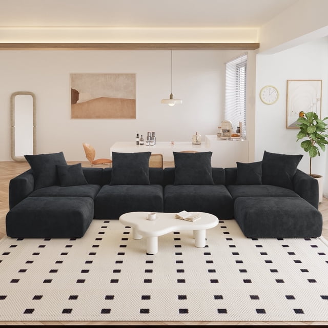 The Magic Home Canapé Sectionnel Modulaire Convertible en Velours Côtelé en Forme de U à 4 Places, Noir