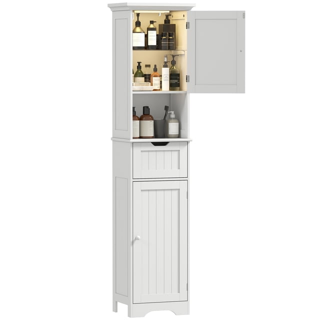 HOMCOM 67" Tall Bathroom Storage Cabinet with LED Light, Adjustable Shelf front-facing slim white MDF cabinet with two upper doors, a middle open shelf with motion-activated LED, one drawer and a lower cabinet with a three-height adjustable shelf; round knobs, anti-tip kit and adjustable foot pads; 15.7" W x 11.8" D x 66.9" H, ideal for narrow bathrooms and often used to store towels or toiletries.
