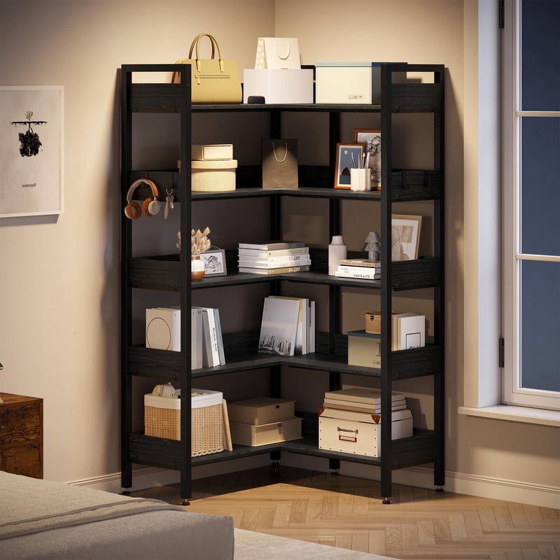 Corner Bookshelf, 5-Tier Convertible L-Shaped Bookshelf, Modern Industrial Bookcase with Metal Frame, Storage & Display Shelf for Living Room, Bedroom, Office