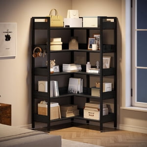 Corner Bookshelf, 5-Tier Convertible L-Shaped Bookshelf, Modern Industrial Bookcase with Metal Frame, Storage & Display Shelf for Living Room, Bedroom, Office
