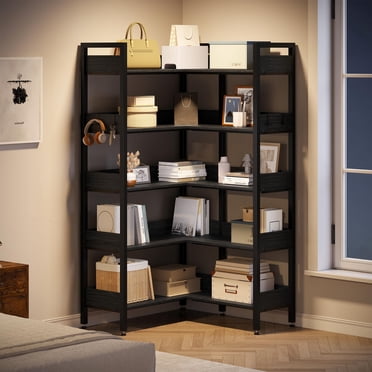 Corner Bookshelf, 5-Tier Convertible L-Shaped Bookshelf, Modern Industrial Bookcase with Metal Frame, Storage & Display Shelf for Living Room, Bedroom, Office