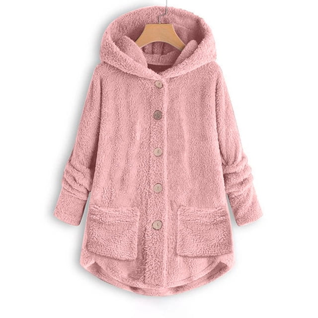 Qertyioot Women Plus Size Button Plush Tops Hooded Loose Cardigan Wool Coat Winter Jacket