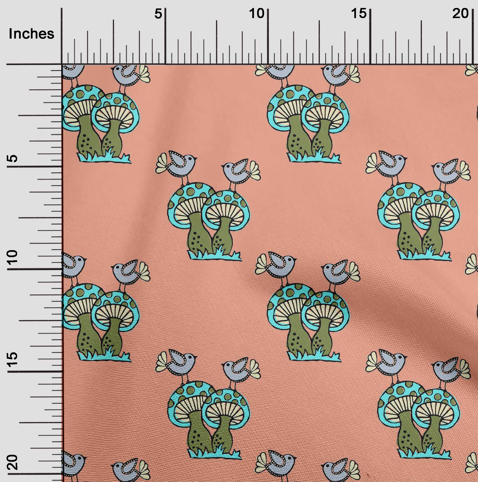 oneOone Viscose Chiffon Fabric Bird & Mushroom Block Print Sewing Fabric BTY 42 Inch Wide