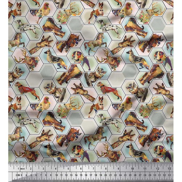 Soimoi Modal Satin Fabric Geometric,Bird & Animals Patchwork Print Fabric by The Yard 42 Inch Wide