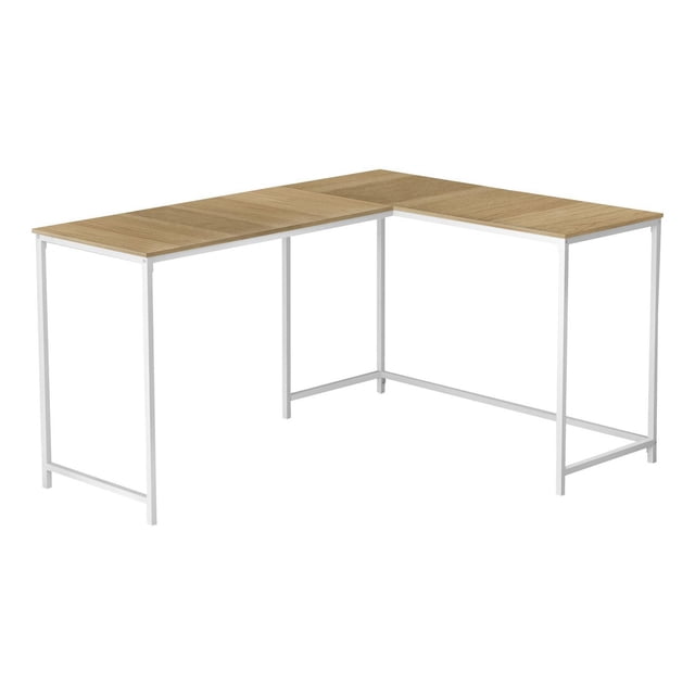 Monarch Specialties Computer Desk, Home Office, Corner, 58"l, L Shape, Work, Laptop, Metal, Laminate, Natural, White, Contemporary, Modern with a natural wood laminate L-shaped desktop and a white slender metal frame, designed for corner placement to maximize workspace in home offices.