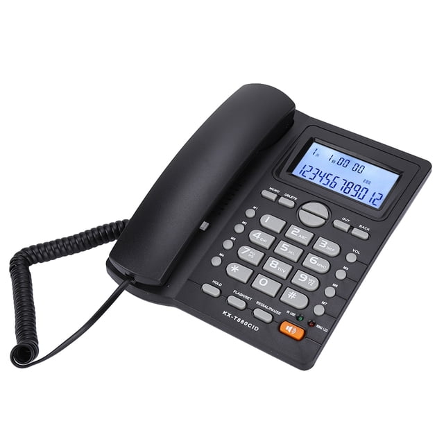 Spptty Answering Machine Corded Phone with Speakerphone, ideal for home or office use, featuring a black ABS body, LCD display showing call time, date, and incoming number, large buttons for easy dialing, dual-port design for extension set compatibility, hands-free calling, and calculator functionality.