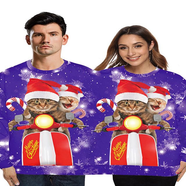 Two Person Christmas Pullover Couple Long Sleeve Cartoon Pattern Neck Novelty One-Piece Tops