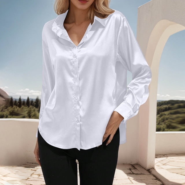 Ladies Tops, Women's Solid Color Long Sleeved Button Turndown Collar Fashionable Top, Birthday Gifts