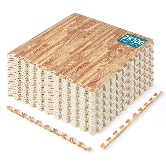 Gymax 25 Tiles Wood Grain EVA Foam Floor Mats Interlocking w/ Borders 24'' Natural