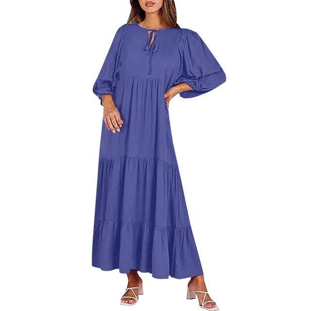 Gspmoly Robes d'Été pour Femmes 2025, Robe Décontractée Européenne pour Femmes et Nouvelle Robe à Manches Unie à Manches Longues, Col Rond et Longueur Cheville, Robes d'Été pour Femmes Économies d'Été