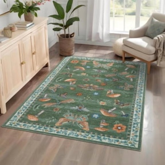 Tapis en Velours 100 % Polyester 8 Pieds X 10 Pieds – Velours 350 g, Poids Lavé, Pliable, Moderne, Herbe et Parulines, Vert