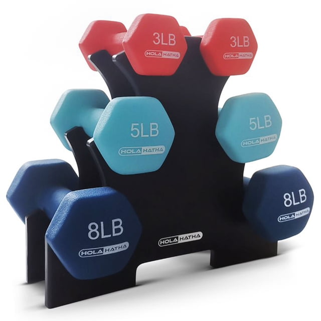 HolaHatha Ensemble d'Haltères à Main de 3, 5 et 8 Livres avec Support de Rangement. Comprend six Haltères Hexagonaux Revêtus de Néoprène en Rouge, Bleu Pâle et Bleu Foncé, avec des Poids de 3 Livres, 5 Livres et 8 Livres. l'Ensemble Comprend un Support de Rangement Noir durable pour l'Organisation. les Extrémités Hexagonales Empêchent les Roulades, et le Revêtement Antidérapant Assure une Prise Sécuritaire pendant les Entraînements. Idéal pour l'Entraînement de Force, l'Ajustement du Tonus et des Exercices Polyvalents comme les Boucles du Biceps
