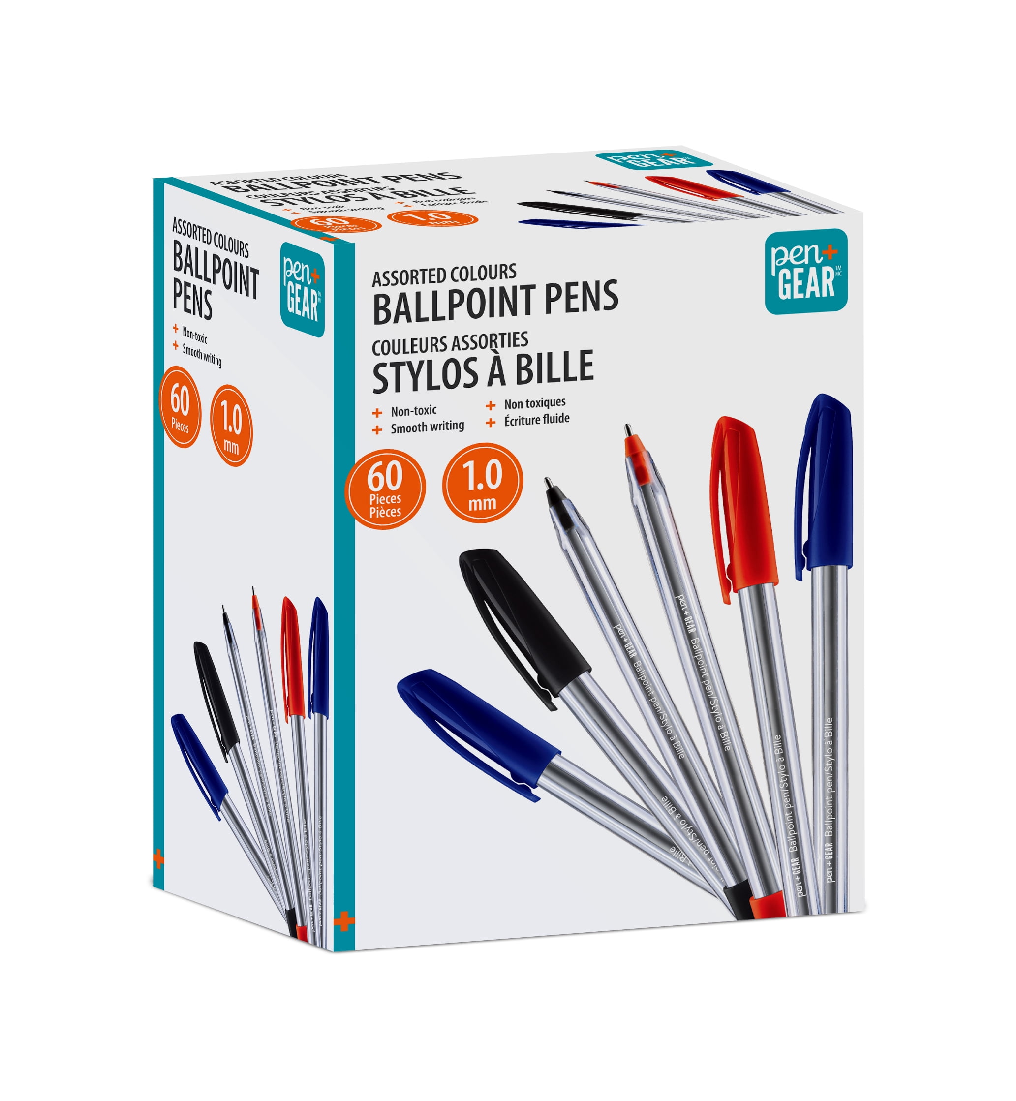 Pen+Gear Stick Ballpoint Pens, 1.0mm, Assorted Black, Blue, Red Ink, 60 Count