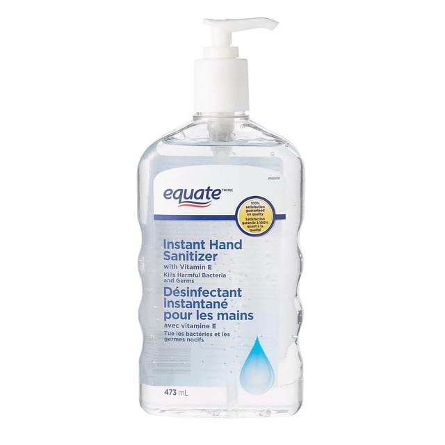 Equate Désinfectant Instantané pour les Mains dans une Bouteille Pompe en Plastique Transparente de 473 ml avec Distributeur Blanc, Formulé avec de la Vitamine E pour Tuer les Bactéries et Germes Nocifs, Idéal pour la Désinfection en l'Absence de Savon et d'Eau.