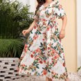 thumbnail image 4 of Short Sleeve Dress for Women Summer Print Plus-Size Dress V-Neck Short Sleeve Elastic Waist Dress Beach Dress Sun Dress Ruffled Flowy Midi Dress on Clearance, 4 of 9