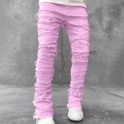 JinRan Men's Jeans Straight Leg Trousers Stacked Denim Pant Distressed Destroyed Jean Washed Denim Pants Streetwear Clothes
