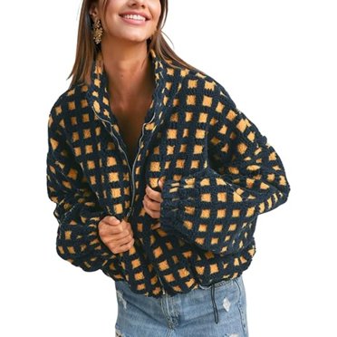 Fleece Jacket Women, Comdrip Women’S Long Sleeve Cropped Fleece Plaid Jacket Casual Chunky Fleece Outerwear Fall Coats Black S