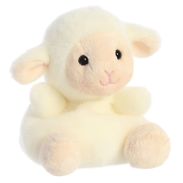 Aurora - Palm Pals - 5" Woolly Lamb, a 5-inch plush toy with a soft, fluffy texture. This lamb features a cream-coloured body, light pink face, and black embroidered eyes. Designed with bean pellets for stability, it is lightweight and suitable for all ages.