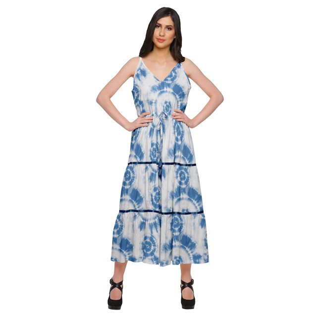 Moomaya Robe Longue Maxi pour Femmes en Coton Imprimé à Bretelles Spaghetti et Col en V