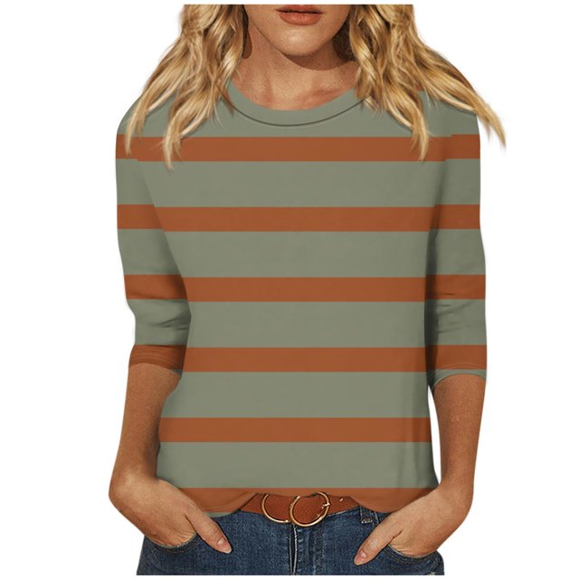 Annhoo Hauts d'Automne pour Femmes 2025 Mode Manches 3/4 Col Ras du Cou Chandails à Enfiler Chemises Décontractées Confort Blouses à Rayures Imprimées