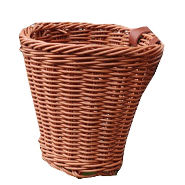 Bicycle Basket Front Handlebar Bike Basket, a rattan woven basket designed for kids' bicycles. The basket features a natural rattan texture in a brown finish, with leather straps for secure attachment to handlebars. Measuring approximately 21 x 16 x 16 cm (8.27 x 6.30 x 6.30 inches), it is lightweight and versatile, suitable for carrying books, school supplies, or snacks. Durable and weather-resistant, it is ideal for outdoor use and can also be used as a storage container for trips to the beach or pool.