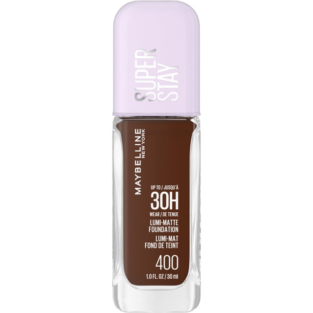 Maybelline New York Super Stay Lumi Matte Foundation shade 400 in a clear rectangular glass bottle with pale lavender cap, providing up to 30 hours of lightweight, longwear liquid foundation with a luminous matte finish suitable for all skin types.