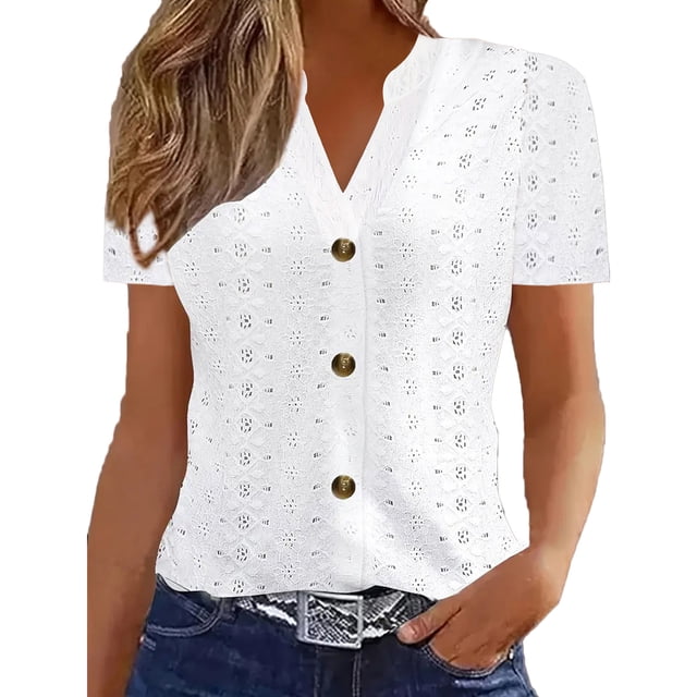 Lenpel Summer Tops for Women Trendy Eyelet Embroidery V Neck Short ...