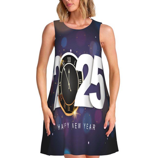 Vsdgher 2025 Bonne Année 4 Imprimé Robes d'Été pour Femmes Décontracté Col en U Robe de Plage Sans Manches Débardeur Ample Robe Soleil avec Poche