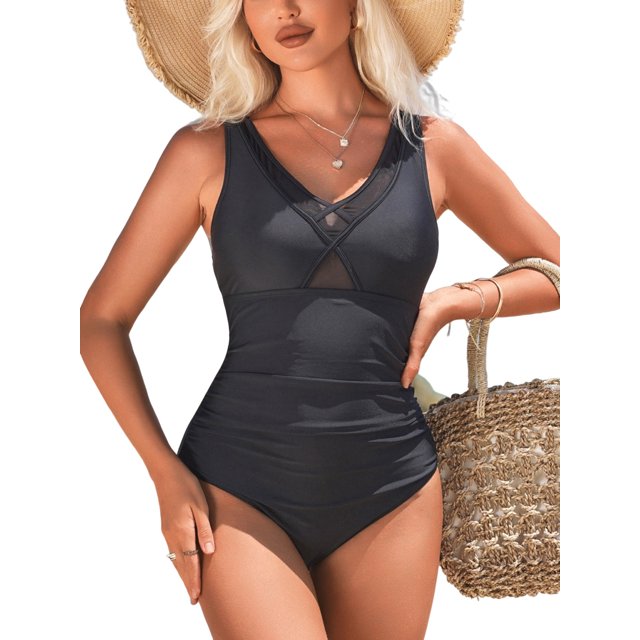 Charmo Black V Neck One Piece Swimsuit for Womens Ruched Bath Suit