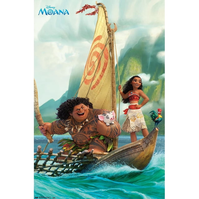 Disney Moana - Affiche Murale de Groupe, 22,375 Pouces x 34 Pouces Représentant un Canot Polynésien en Déplacement avec une Voile beige Marquée d'Une Spirale Rouge. un Homme Tatoué Tient une Rame en Bois et un Petit Cochon à l'Avant, pendant Qu'une Fille en Haut Rouge et Jupe Florale beige Se Tient à l'Arrière avec un Coq Coloré à l'Arc. l'Arrière-plan Montre des Vagues d'Océan turquoise et des Montagnes Vert Brumeux sous un Ciel