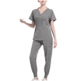 thumbnail image 1 of Womens Medical Jogger Scrub Set Summer Outfits 2 Piece Nursing Uniform Short Sleeve Tops Cargo Pants Working Uniforms, Gray, M, 1 of 3
