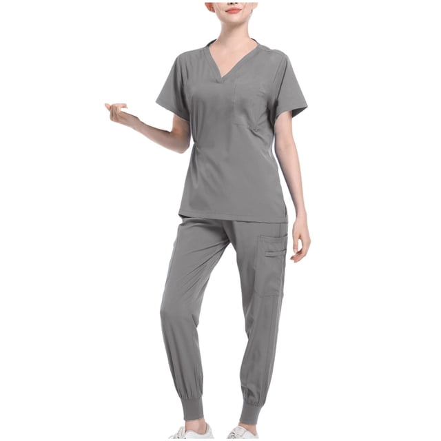 Womens Medical Jogger Scrub Set Summer Outfits 2 Piece Nursing Uniform Short Sleeve Tops Cargo Pants Working Uniforms, Gray, M