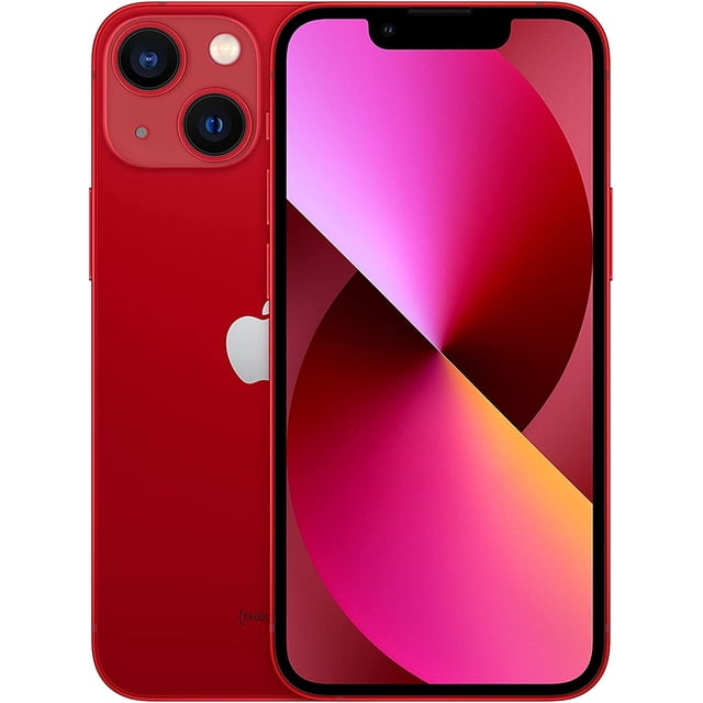 Refurbished Apple iPhone 13 Mini A2481 (Fully Unlocked) 128GB in red, shown in a front and back view. Features a 5.4-inch Liquid Retina display, advanced dual-camera system with Night mode, and A15 Bionic chip for high performance. Includes UL-approved power adapter and charging cable. Professionally refurbished to Grade A+ condition with a 90-day warranty. Does not include original packaging, headphones, SIM card, or manual.