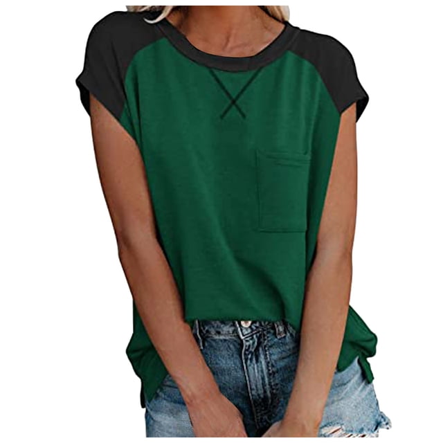 Pompotops Womens Solid Color Splicing Pockets Round Neck Casual Short Sleeves Tops